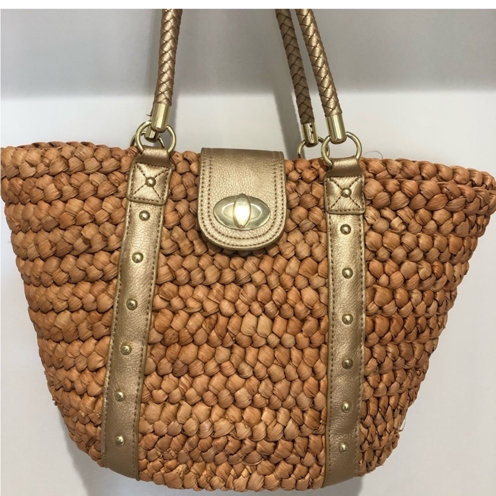 Kate Landry oversized tote for summer. Sturdy woven straw with gold accents